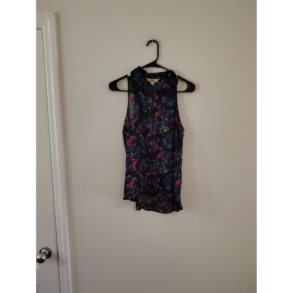 Decree Womens Small Black Floral Sleeveless Button Down Sheer Chiffon Blouse Top